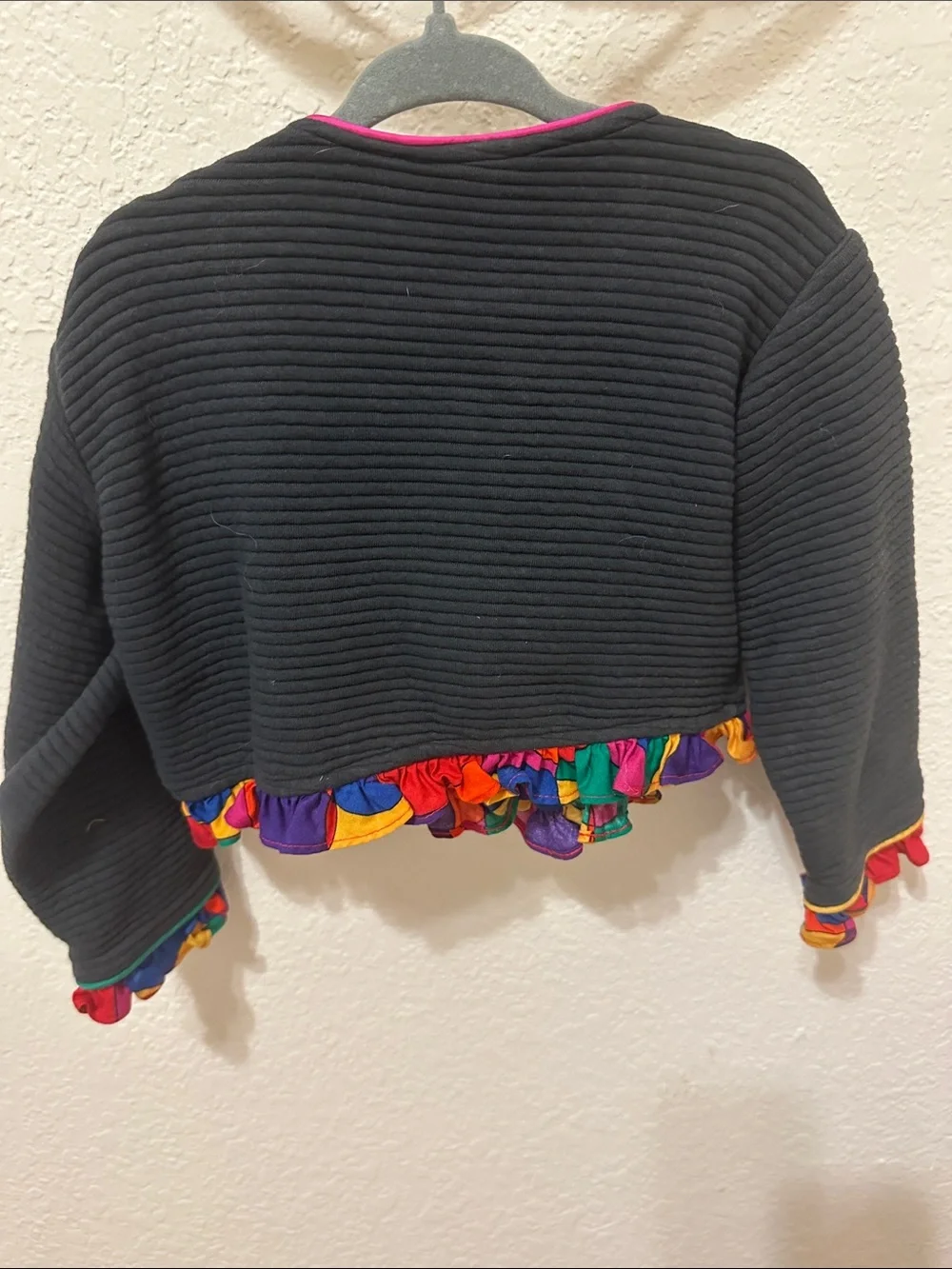 Vintage Abella Black Quilted Jacket with Rainbow Ruffle Trim